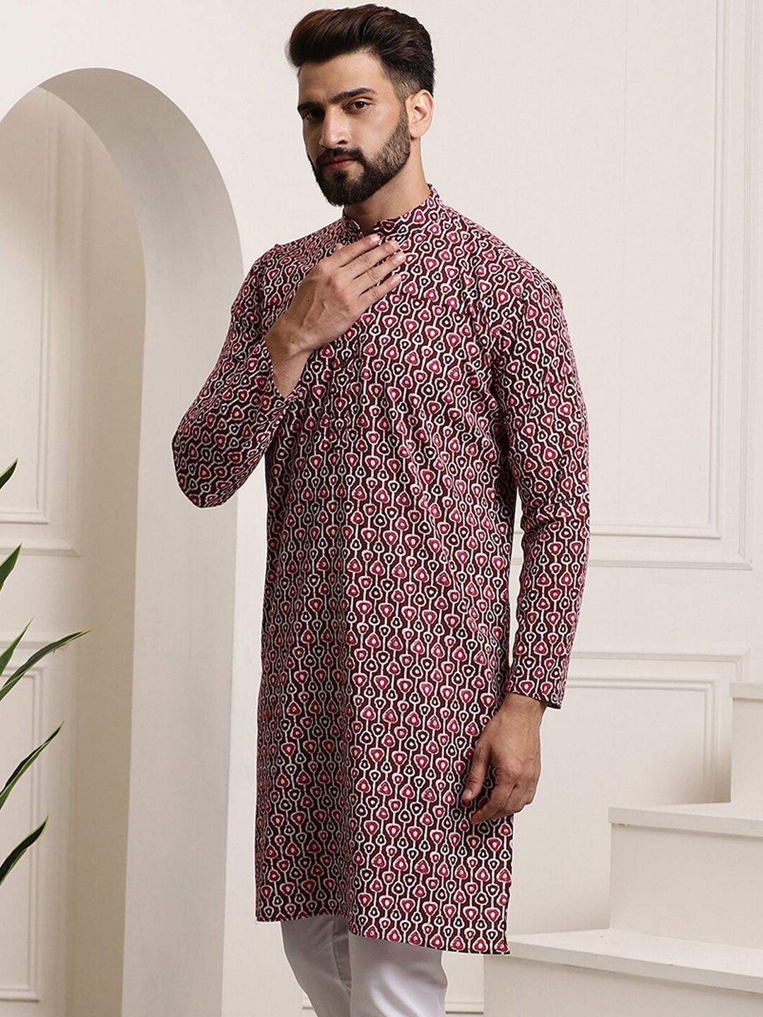 SOJANYA Lelaki Hitam Geometric Flared Lengan Kurta Kerja Benang