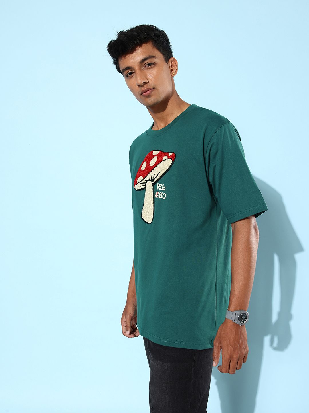 DILLINGER Men Green & Red Embroidered Oversized Pure Cotton Longline T-shirt