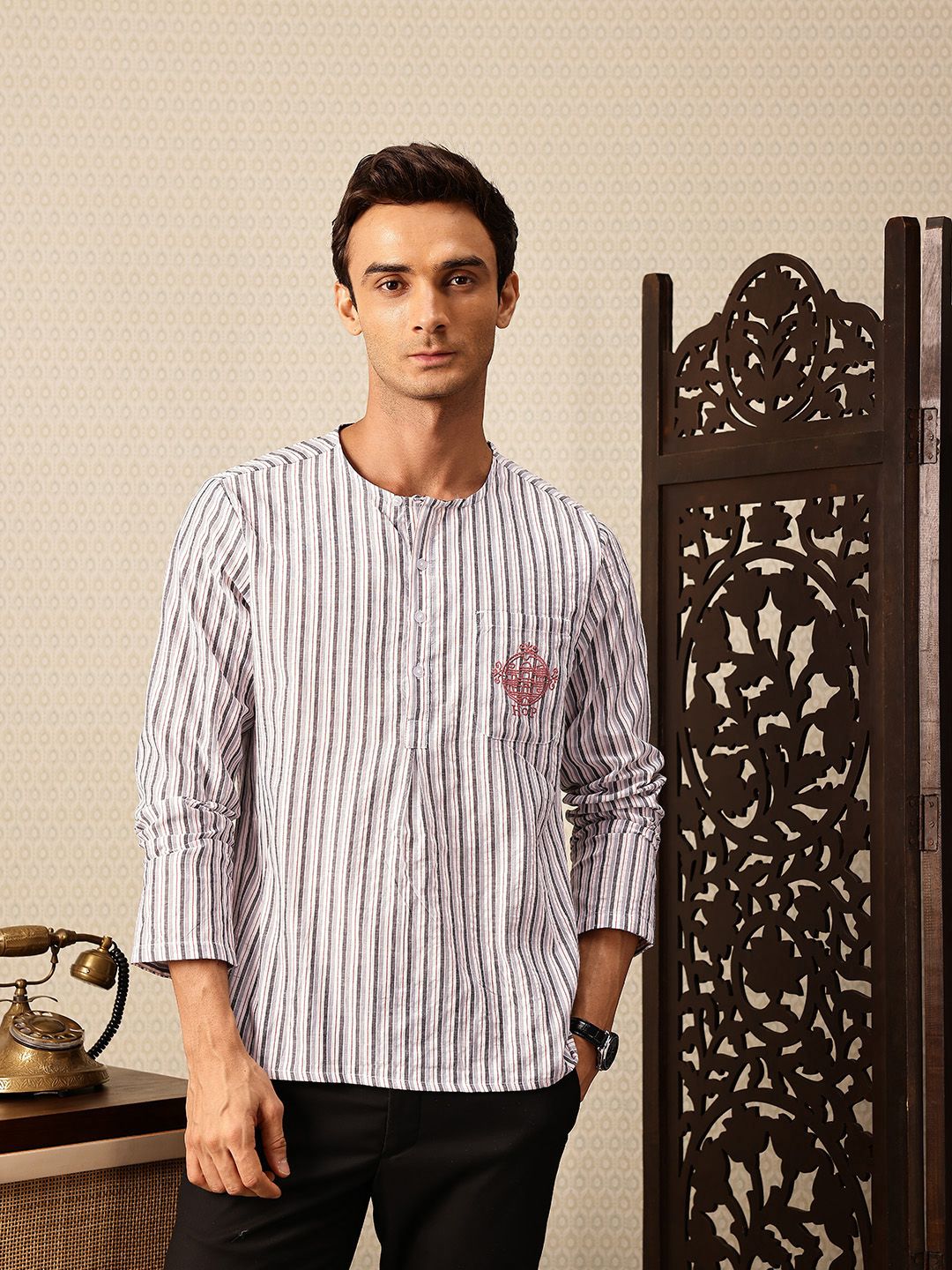 House of Pataudi Striped Thread Work Detail Rozana Kurta