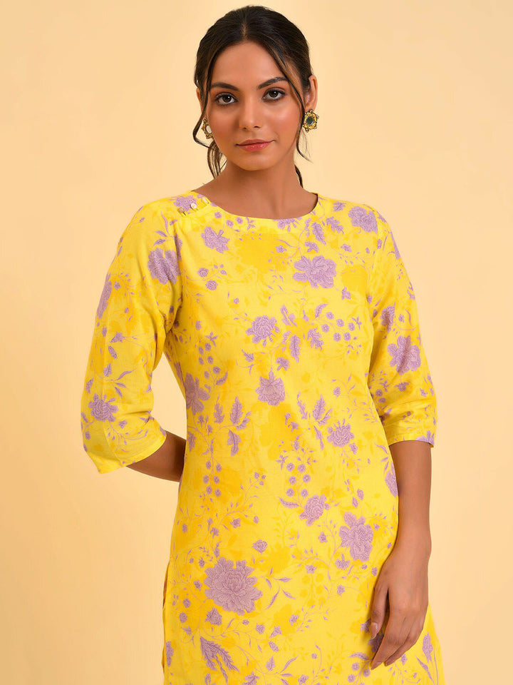 W Yellow & Purple Floral Printed Pure Cotton Kurta With Trousers