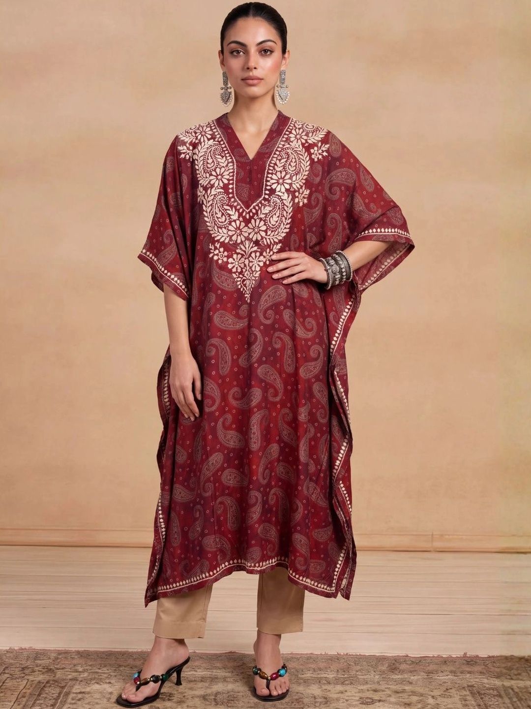House of Chikankari Women Paisley Printed Thread Work Crepe Kaftan Kurta
