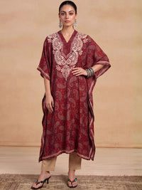 House of Chikankari Women Paisley Printed Thread Work Crepe Kaftan Kurta