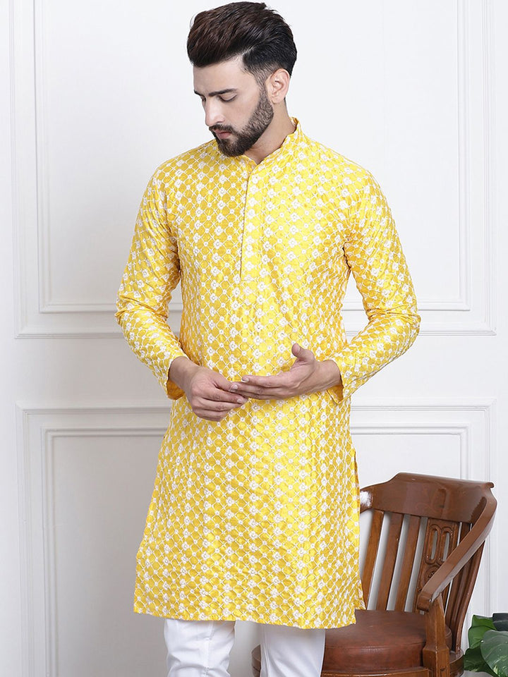 SOJANYA Men Yellow & White Ethnic Motifs Embroidered Straight Kurta