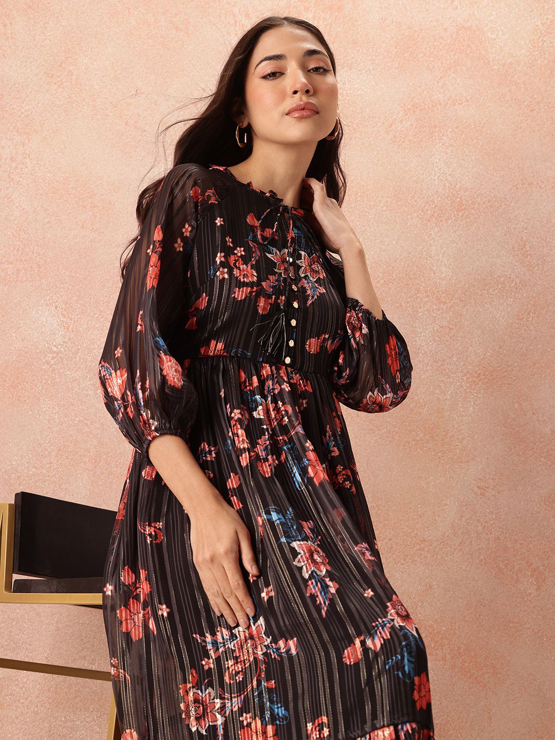 all about you Floral Print Tie-Up Neck Pleated Fit & Flare Midi Dress