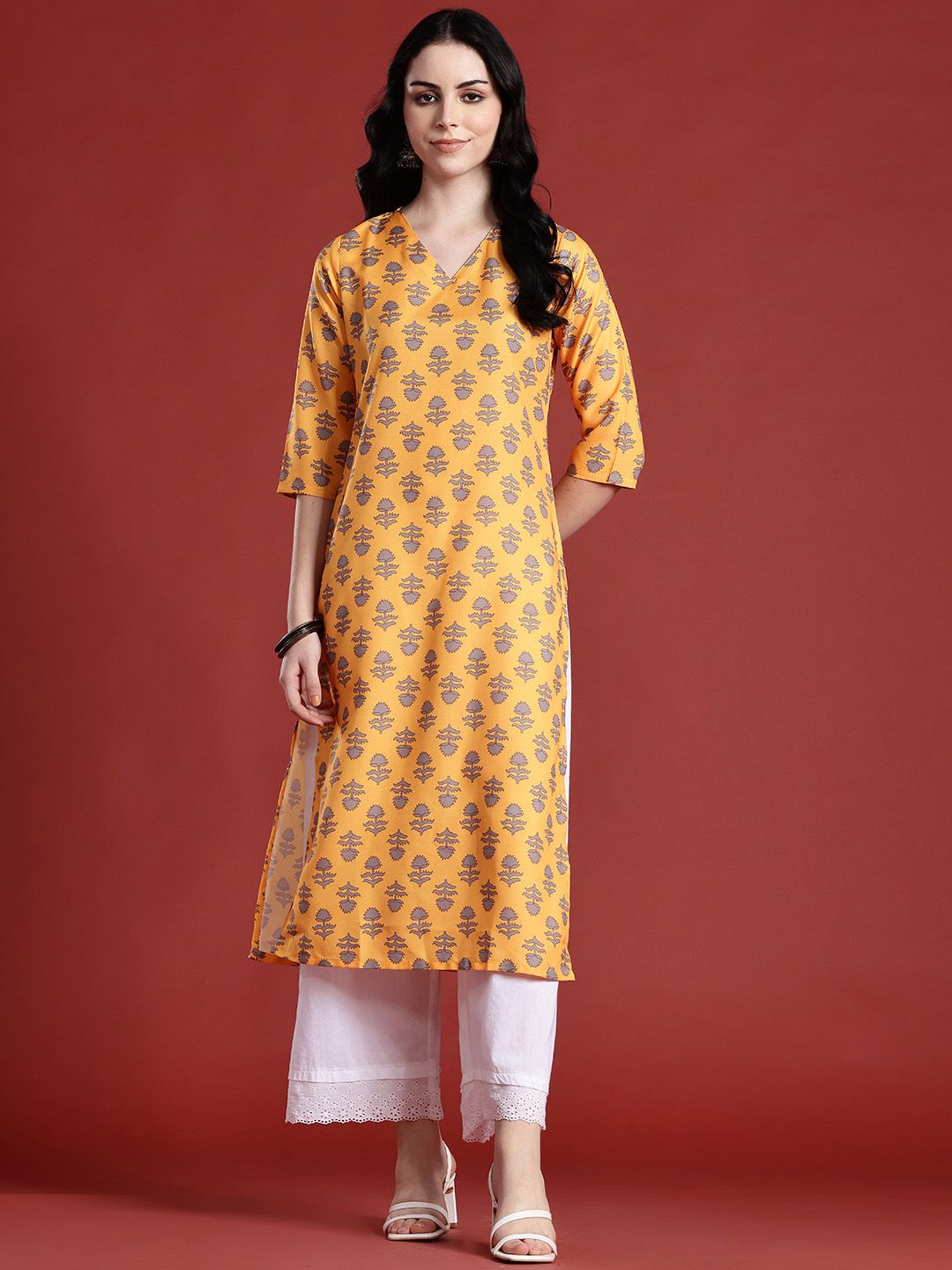 Anouk Floral Printed V-Neck Straight Kurta