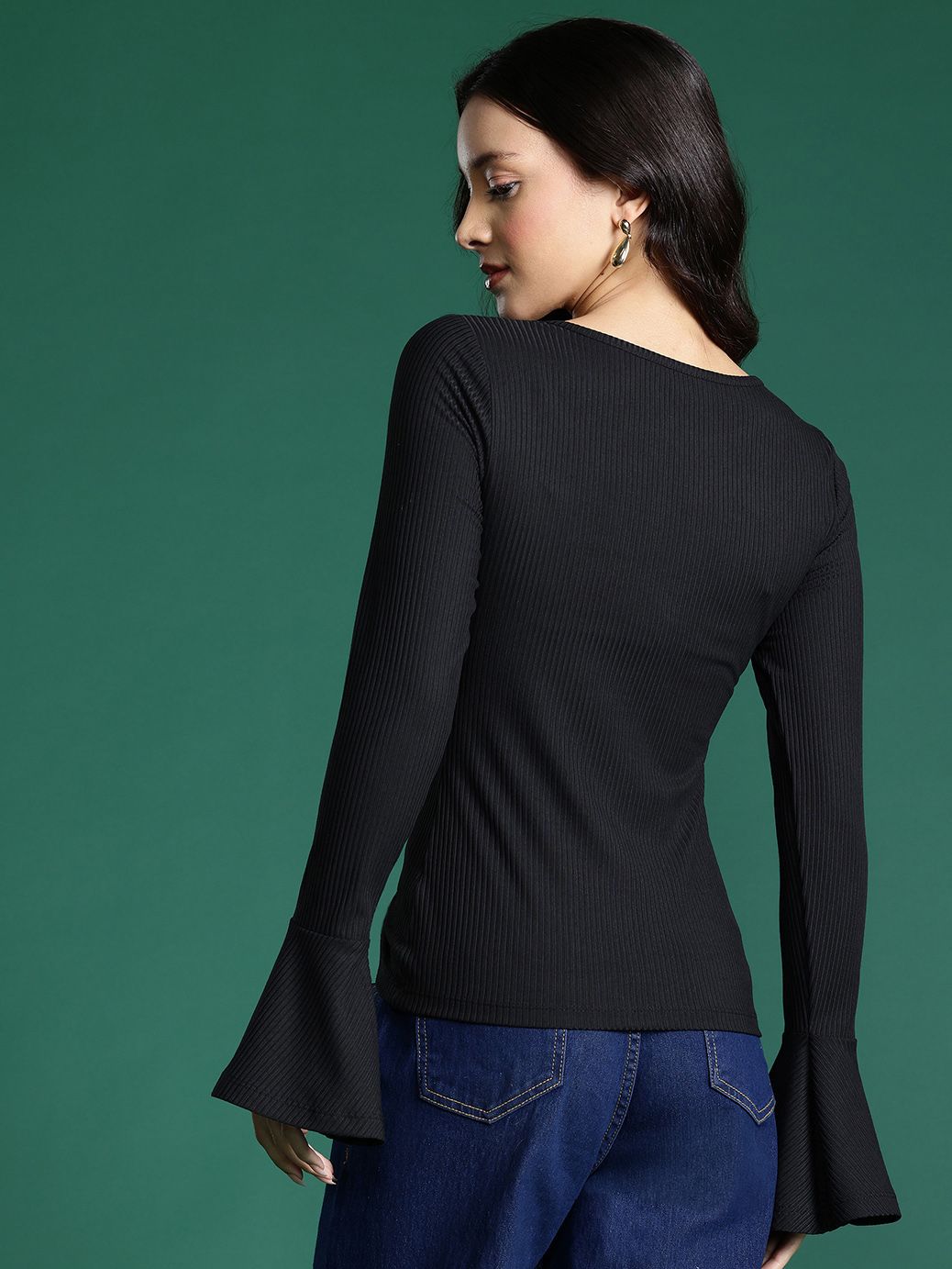 DressBerry Bell Sleeves Ribbed Cut-Out Top