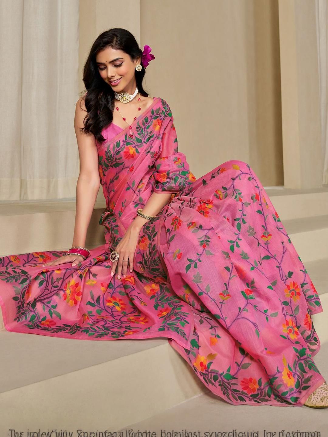 KALINI Pink Pure Cotton Woven Design Sarees