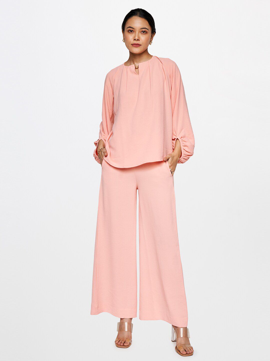 AND Round Neck Puff Sleeve Top And Palazzo