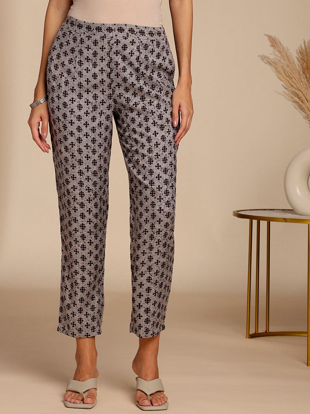 Anouk Brown Abstract Printed A-Line Kurta with Trousers & Dupatta