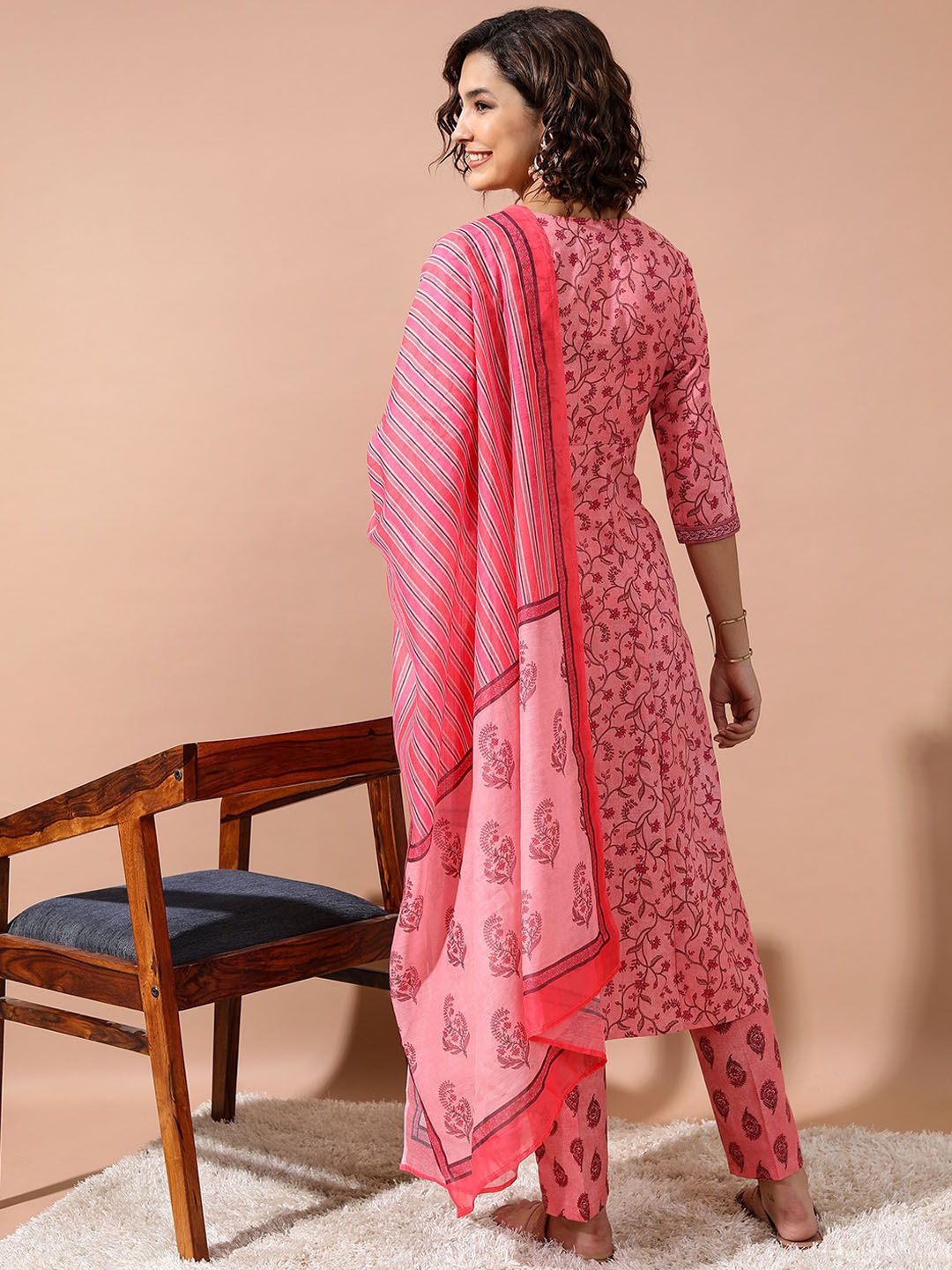 Vishudh Pink Ethnic Motifs Printed Angrakha Kurta With Trousers & Dupatta