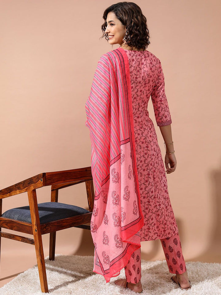 Vishudh Pink Ethnic Motifs Printed Angrakha Kurta With Trousers & Dupatta