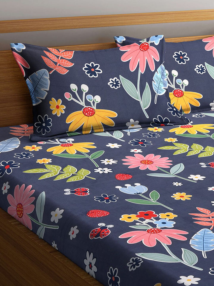 KLOTTHE Blue & Yellow Floral Printed 300 TC Double King Bedsheet With 2 Pillow Covers