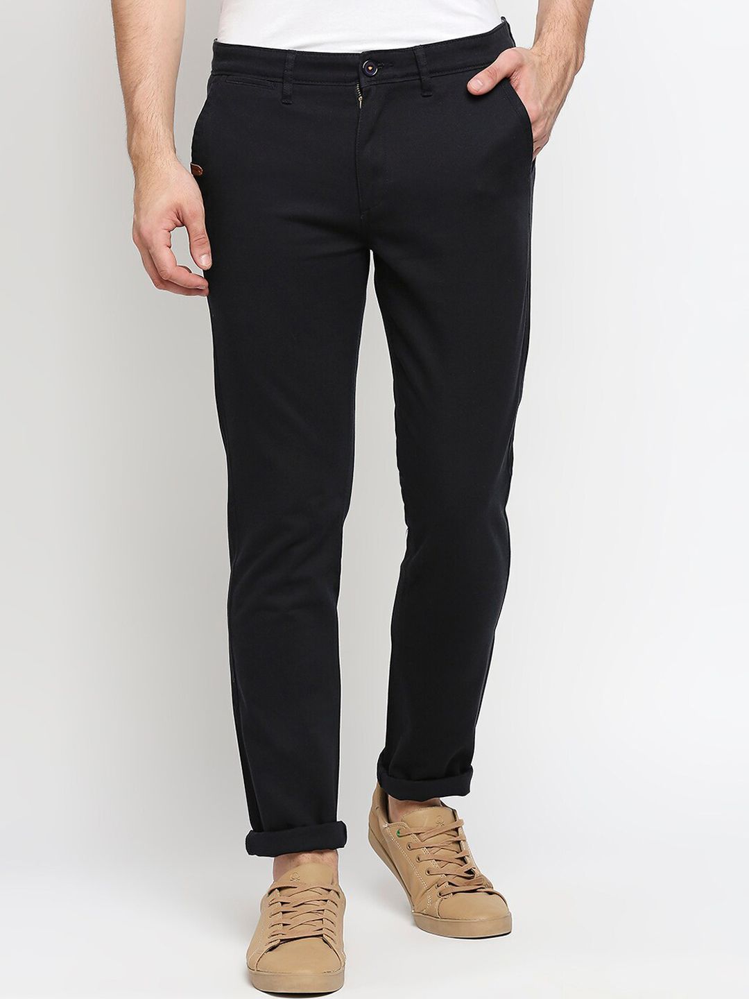 SPYKAR Men Navy Blue Loose Fit Low-Rise Chambray Chinos Trousers