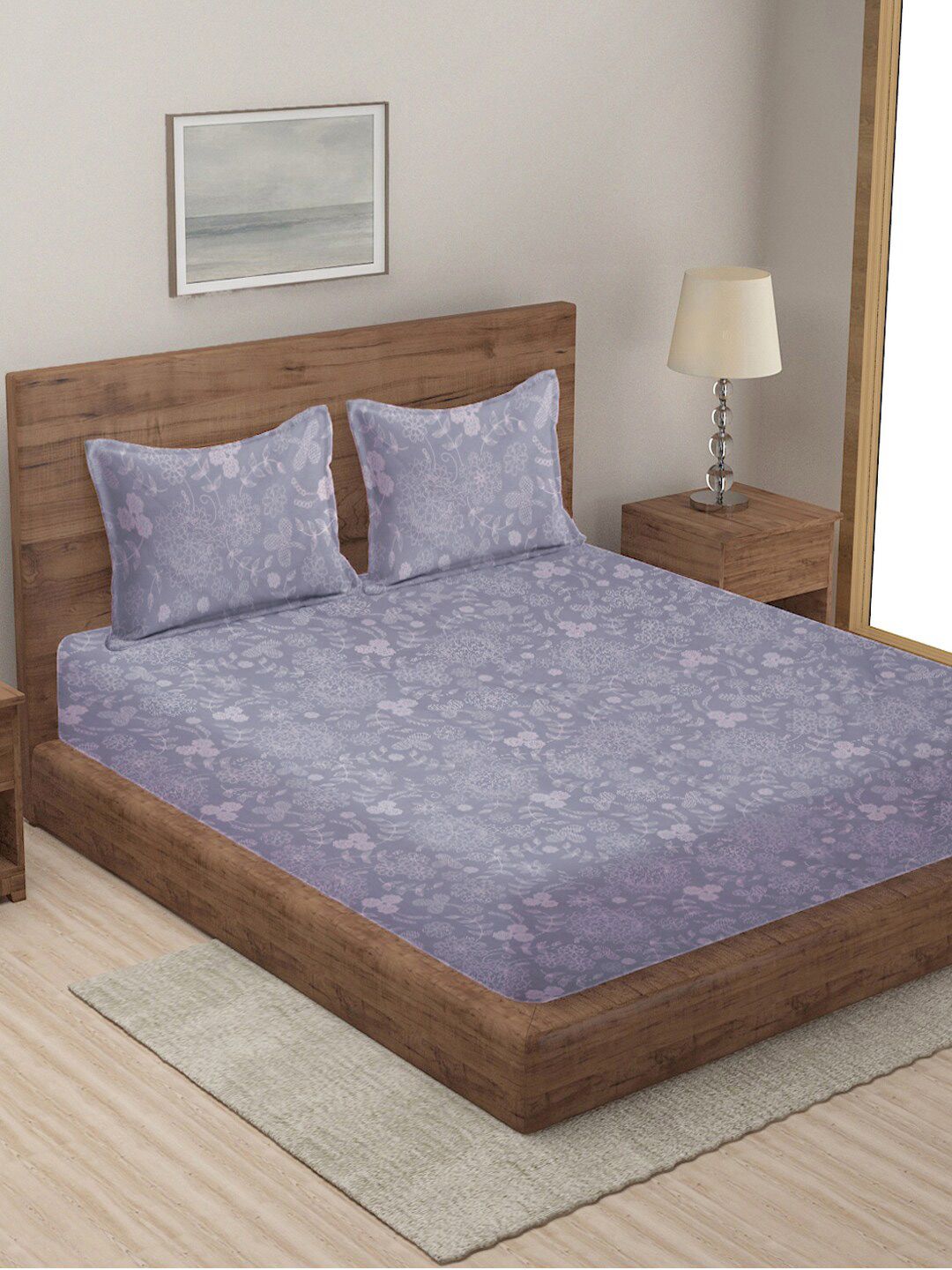 KLOTTHE Grey Floral Cotton 300 TC Fitted King Fine Bedsheet dengan 2 Sarung Bantal-98 x 87 inci
