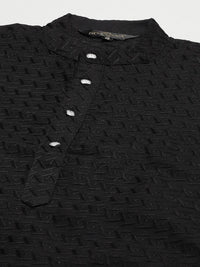 SOJANYA Lelaki Motif Etnik Hitam Chikankari Kurta Kapas Tulen dengan Jaket Churidar & Nehru
