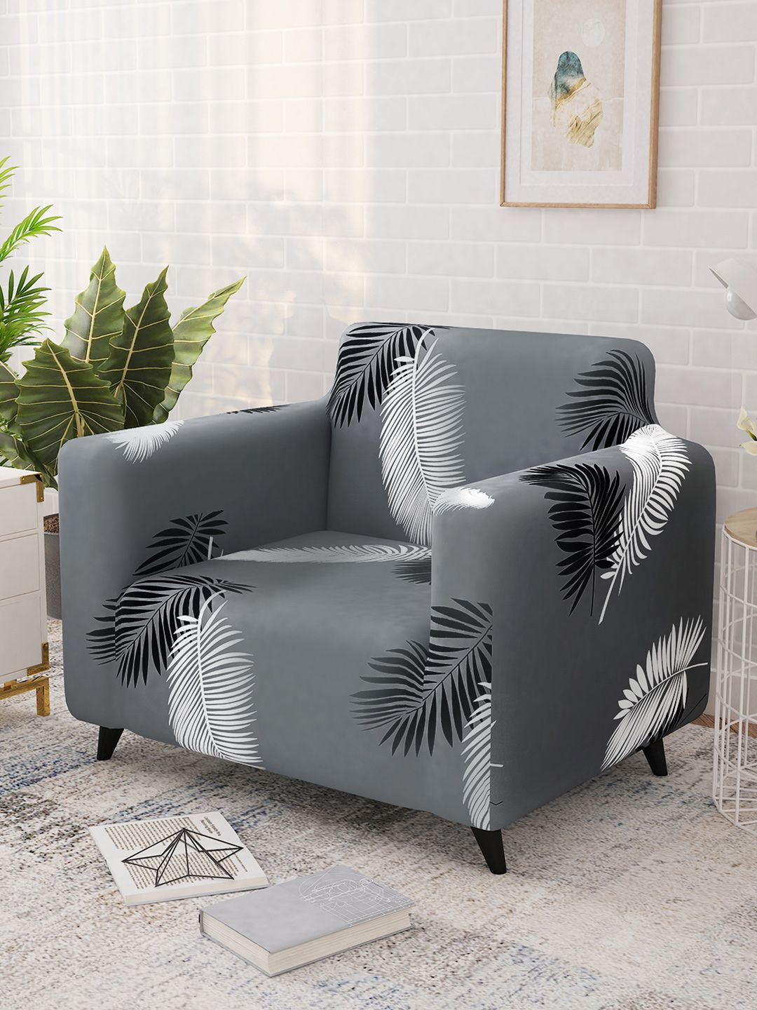 Story@home Grey & White Printed 1 Seater Stretchable Sofa Cover With Arms