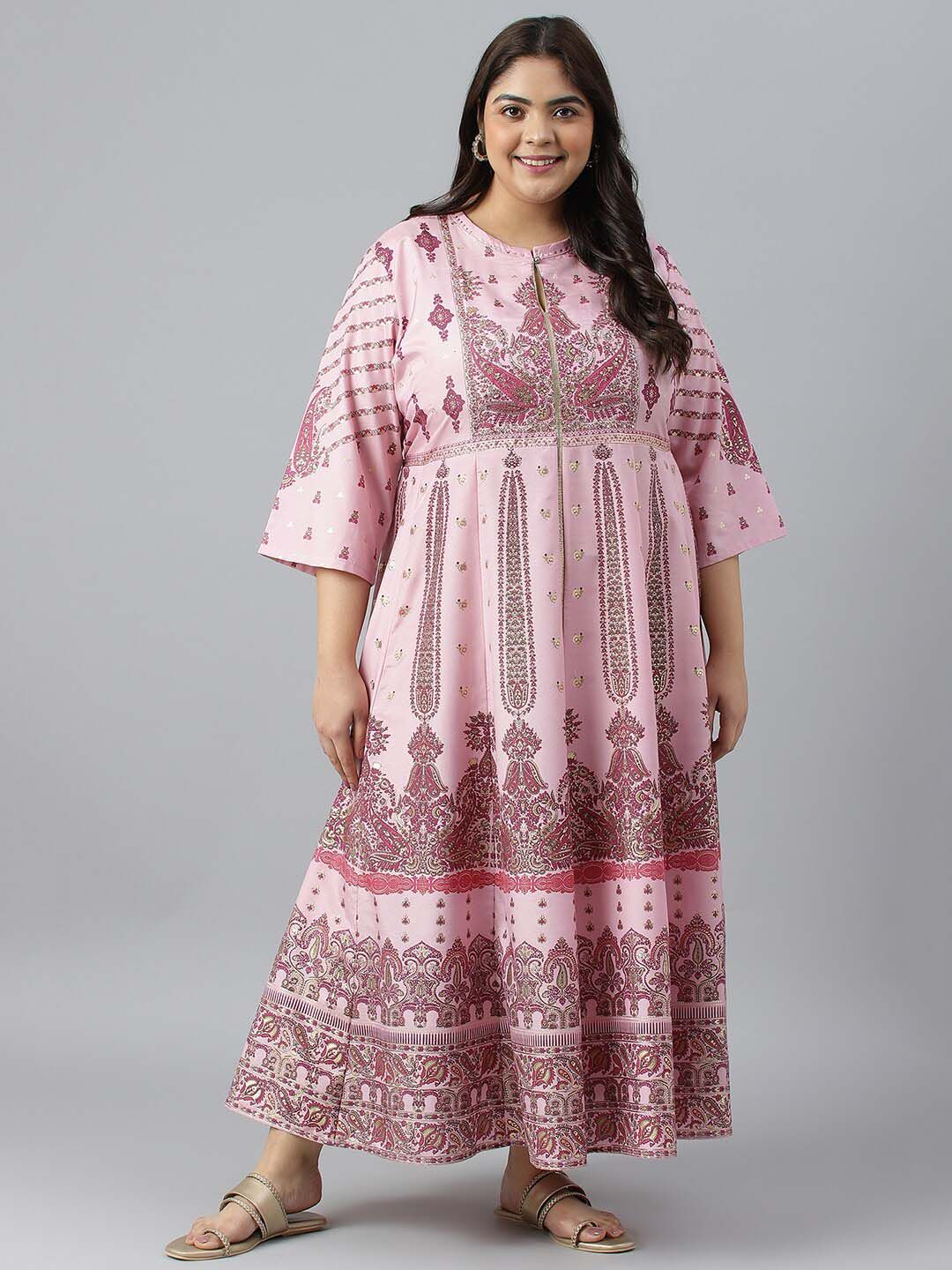 W Plus Size Ethnic Motifs Printed Keyhole Neck Maxi Fit & Flare Ethnic Dress