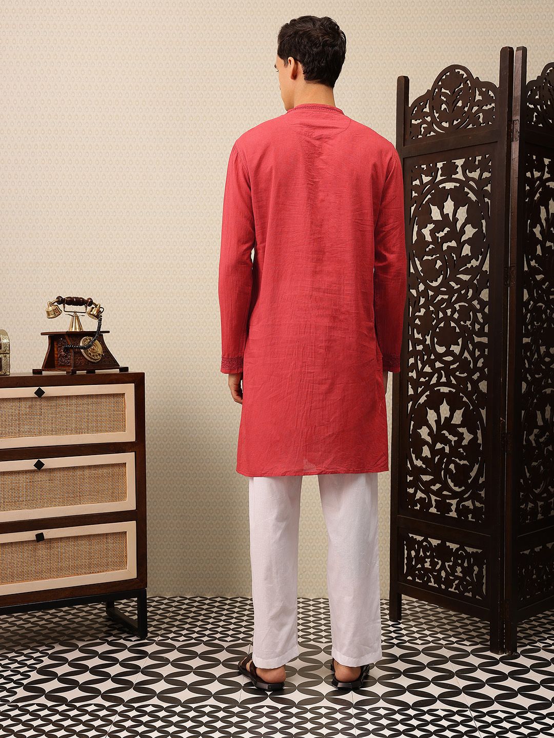 House of Pataudi Striped & Embroidered Pure Cotton Jashn Kurta with Trousers