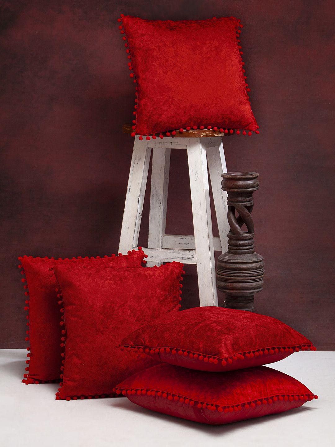 HOSTA HOMES Set of 5 Red Solid Square Velvet Cushion Covers