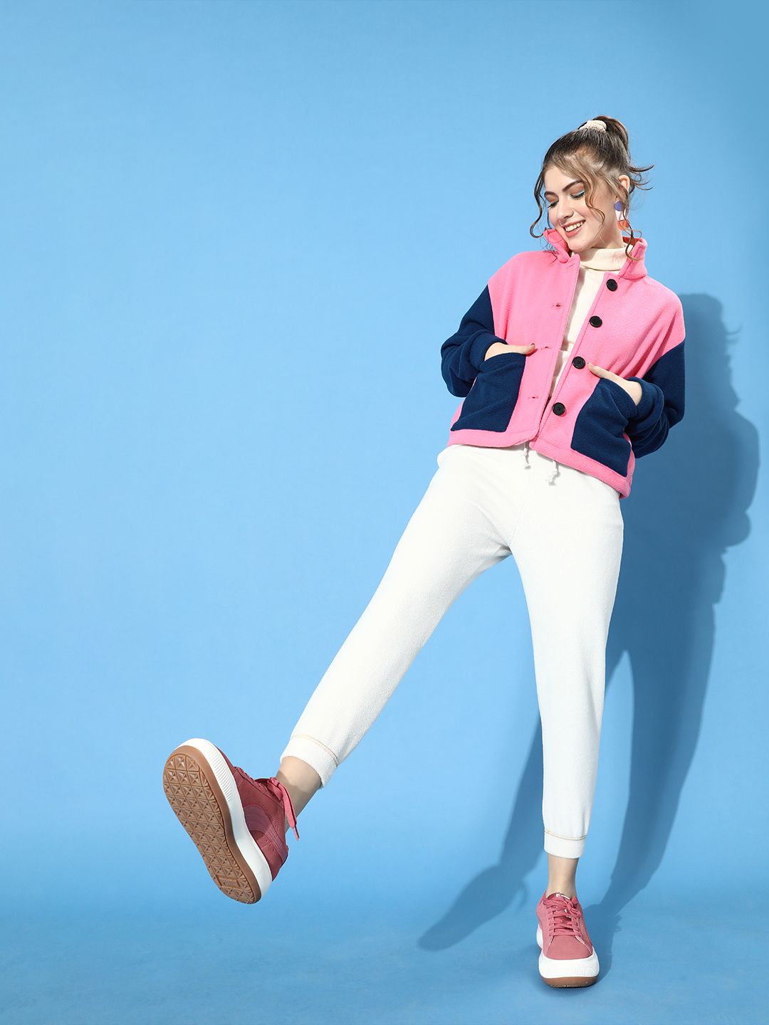 STREET 9 Women Pretty Pink Colourblocked Fleece Tailored Jacket