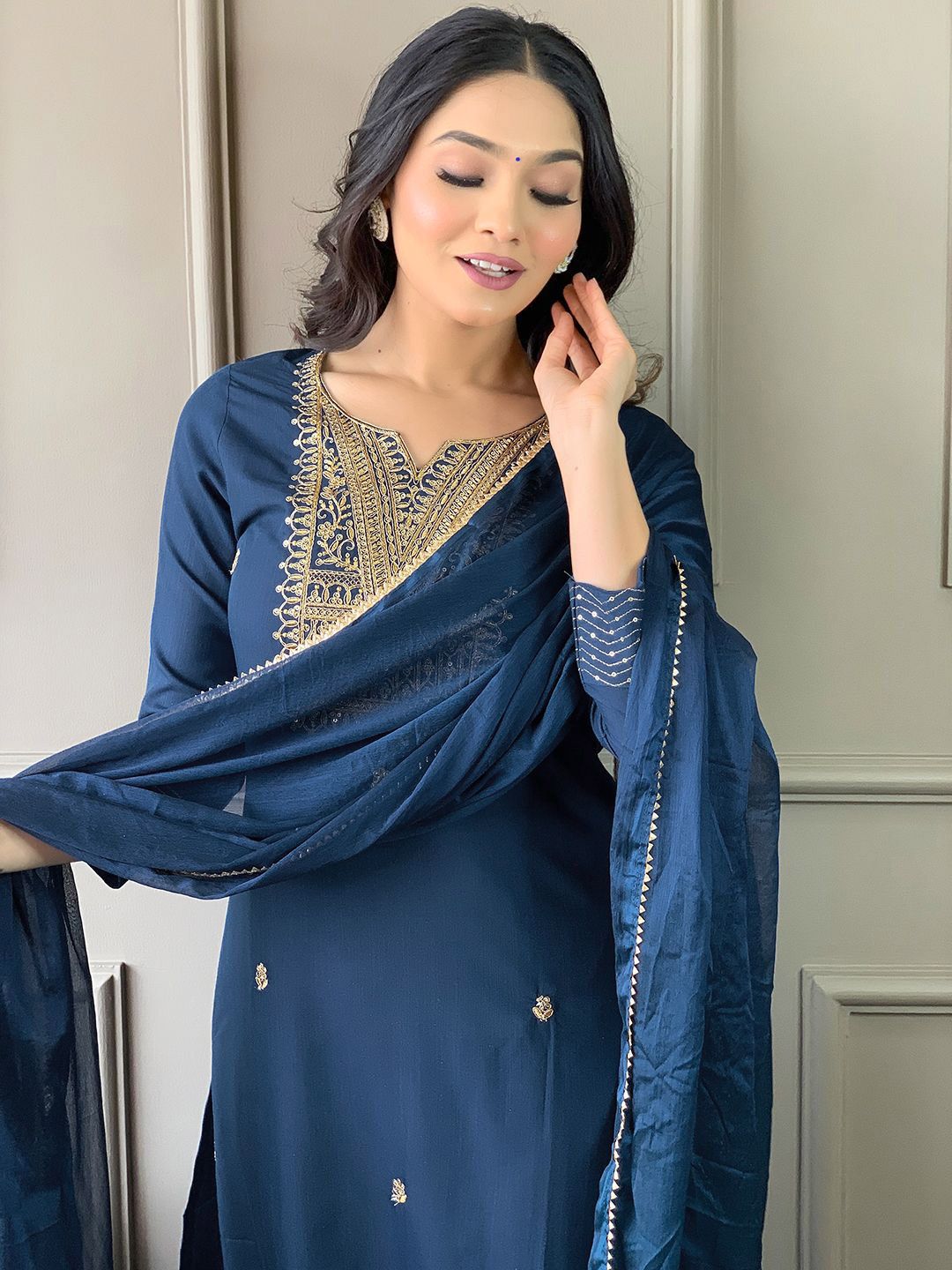KALINI Floral Embroidered Regular Sequinned Kurta ,Trousers & Dupatta