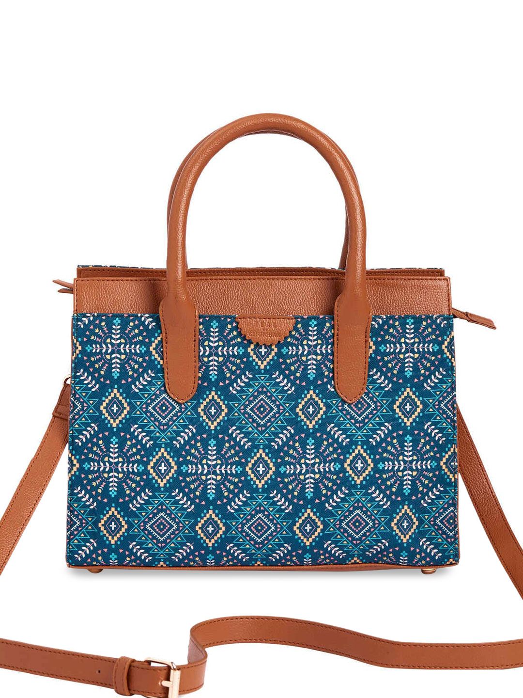 TEAL BY CHUMBAK Two Handles Ethnic Motifs Printed Structured Handheld Bag