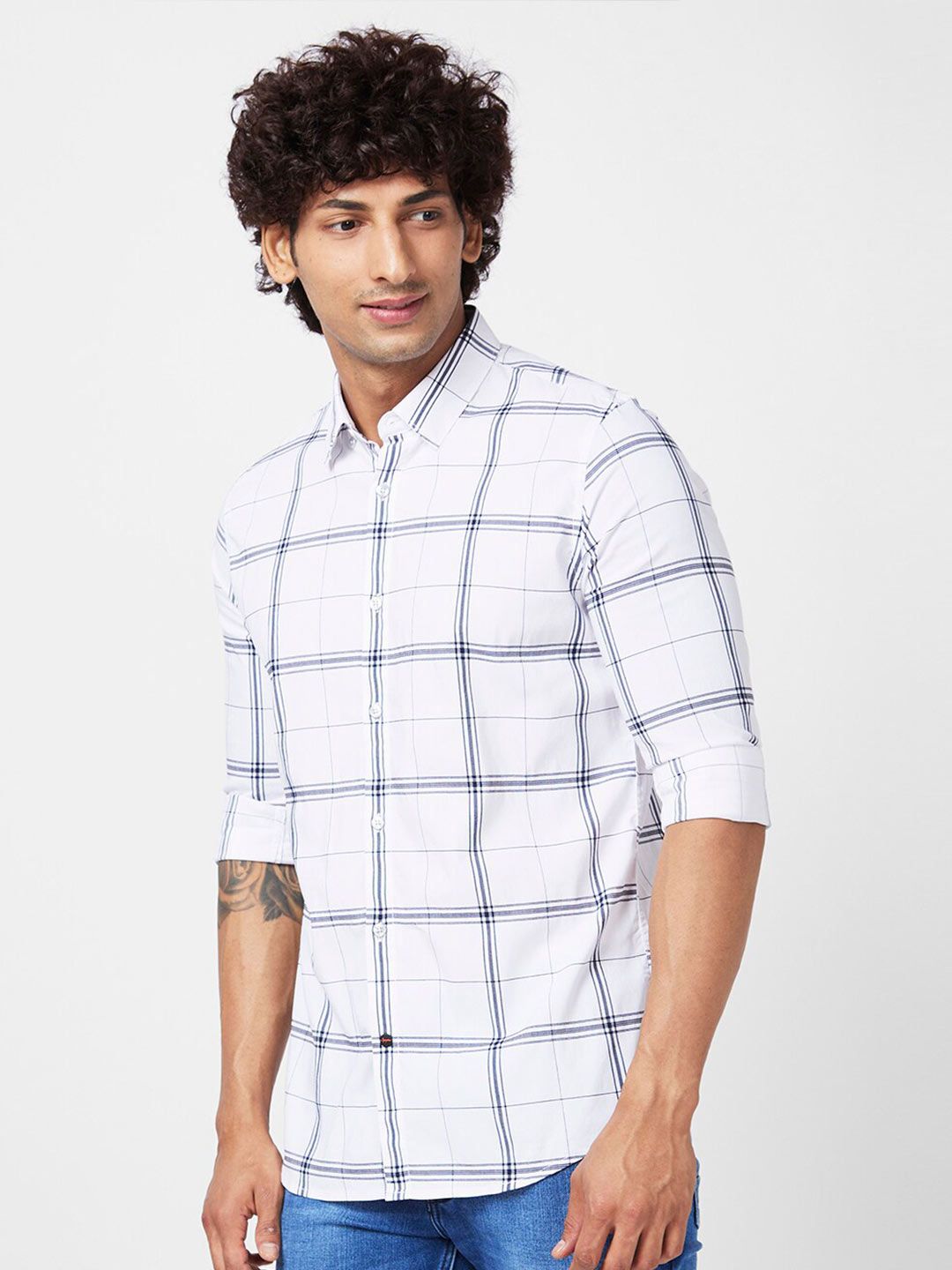 SPYKAR Slim Fit Windowpane Checked Button-Down Collar Cotton Casual Shirt