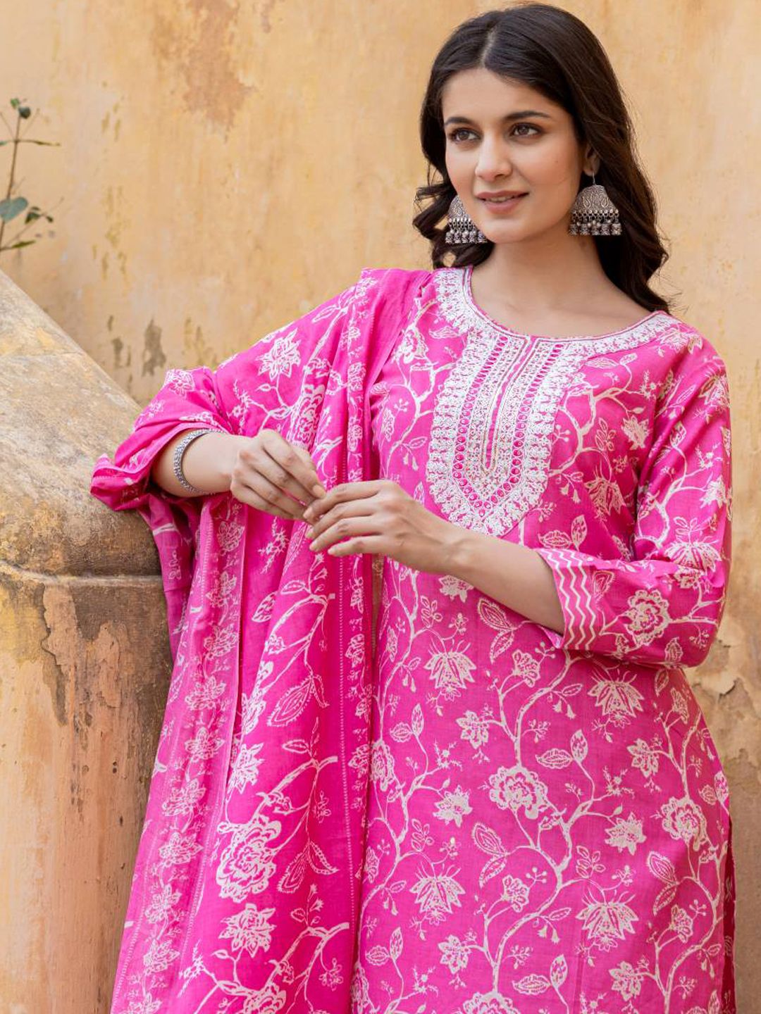 Varanga Floral Printed Regular Thread Work Kurta with Trouser & Dupatta