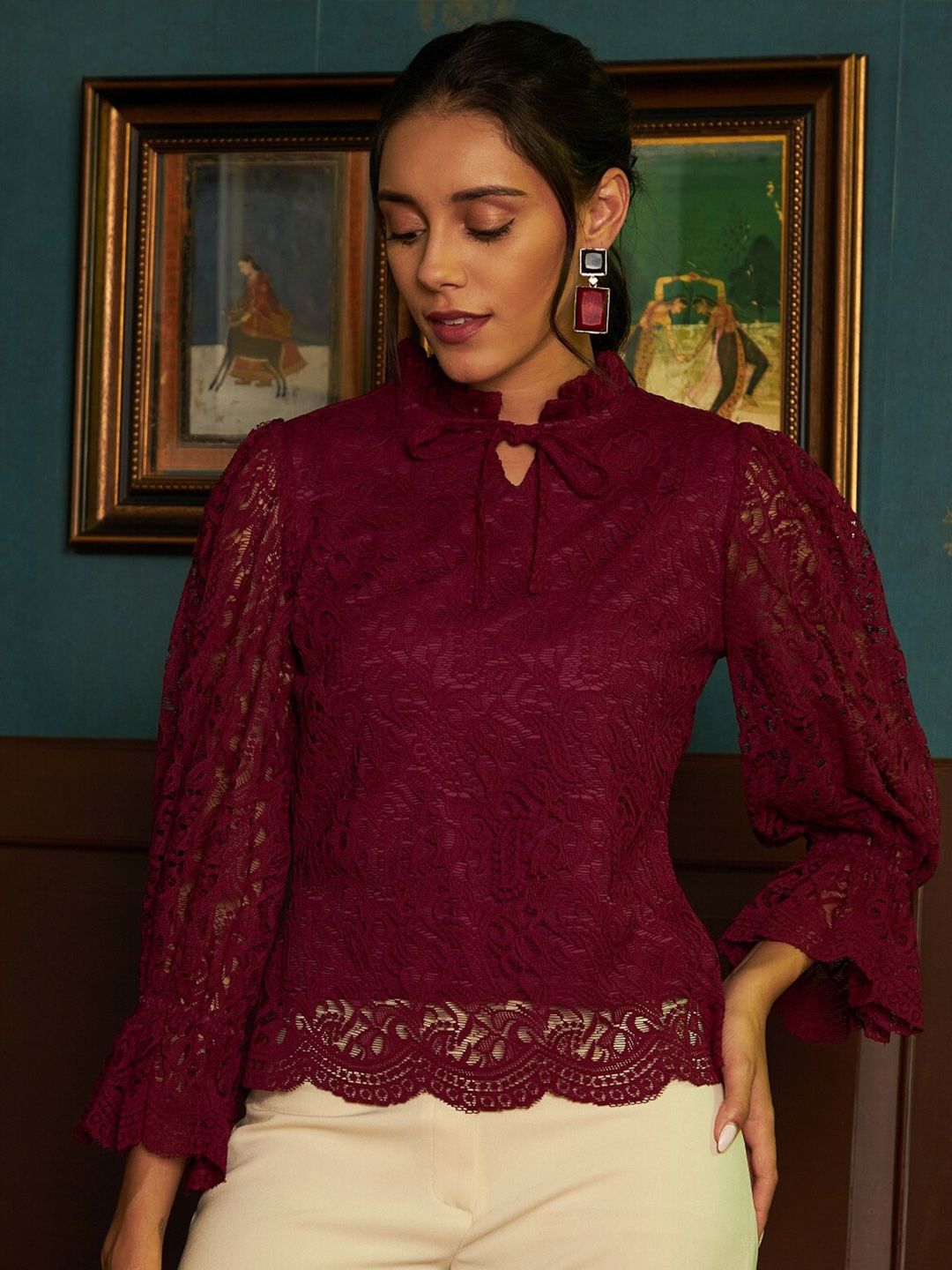 Athena Burgundy Tie-Up Neck Lace Top
