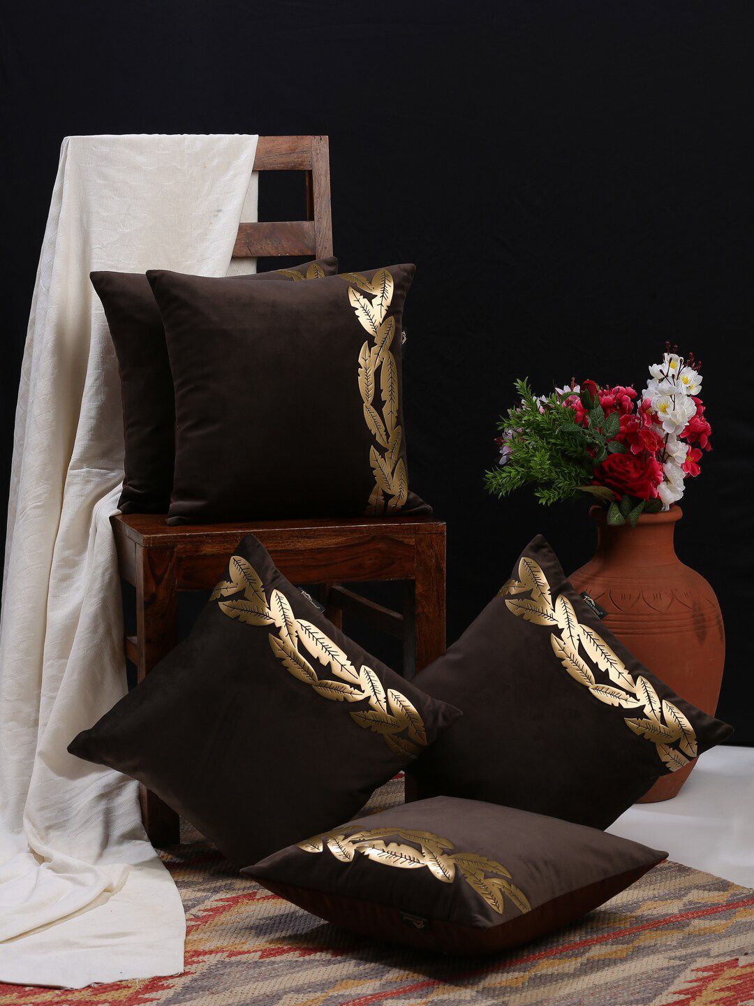 HOSTA HOMES Brown & Gold-Toned Set of 5 Floral Velvet Square Cushion Covers