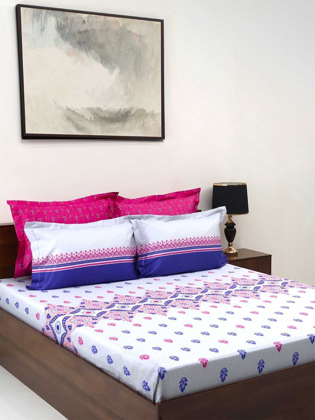 BOMBAY DYEING Celebrating India Blue Printed Cotton 300 TC King Bedsheet Set 2.74 x 2.74 m