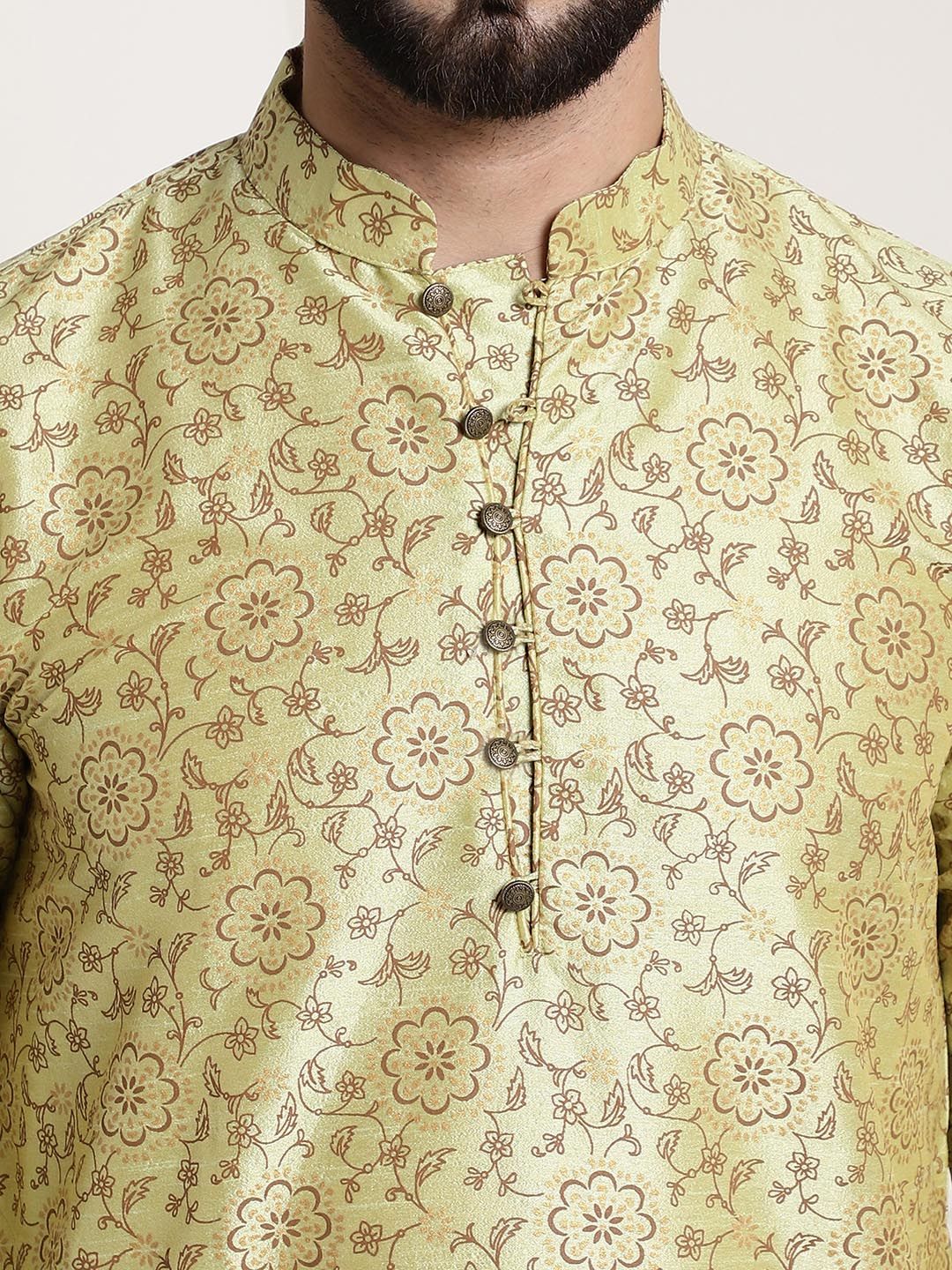 SOJANYA Floral Printed Mandarin Collar Kurta With Churidar & Nehru Jacket