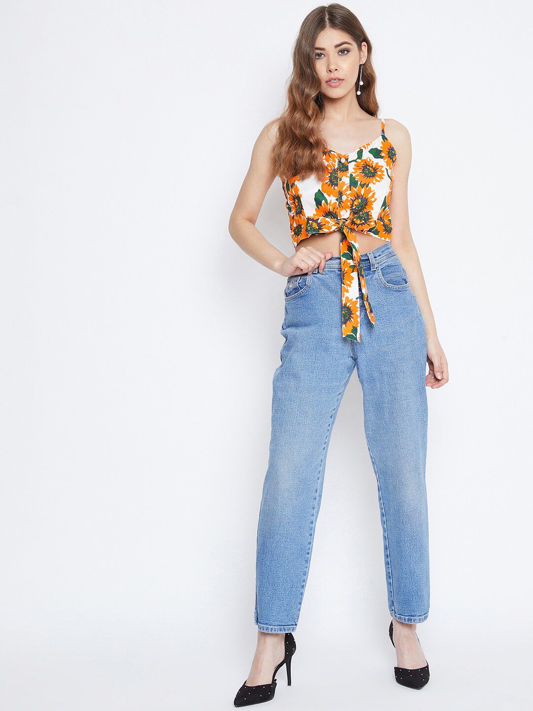 Berrylush Women Yellow Printed Crop Top