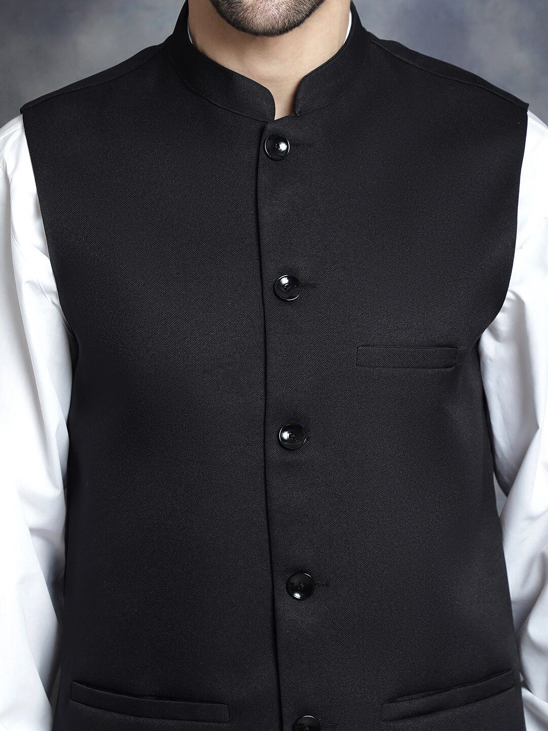 Anouk Black Mandarin Collar Woven Nehru Jacket