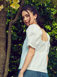 SASSAFRAS White Self Design Square Neck Puff Sleeves Pure Cotton Schiffli Top