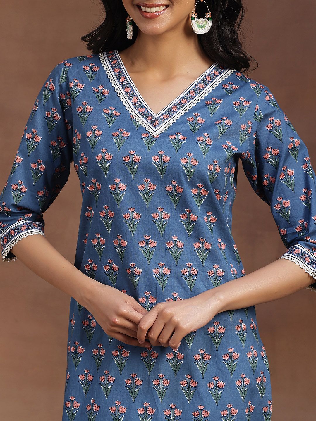 Libas Women Blue Pure Cotton Floral Print Gotta Patti Kurta with Palazzos & Dupatta