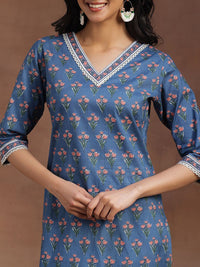 Libas Women Blue Pure Cotton Floral Print Gotta Patti Kurta with Palazzos & Dupatta