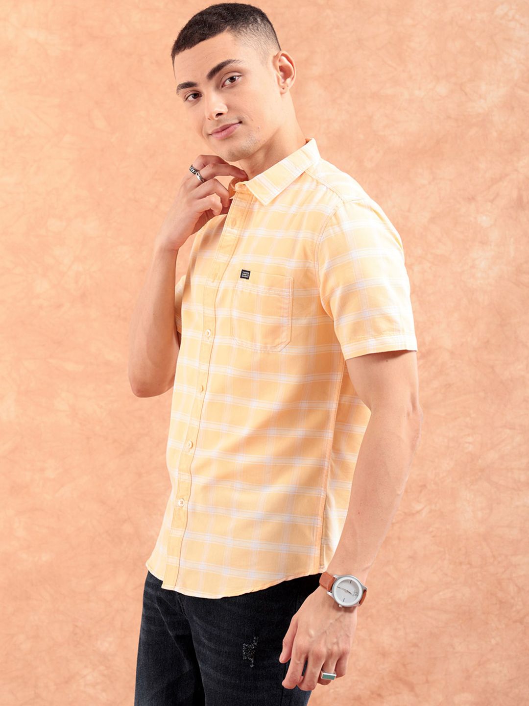 The Indian Garage Co Men Orange Checked Casual Shirt