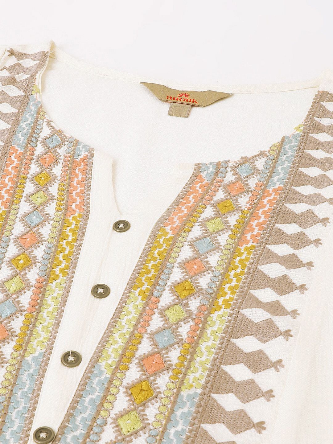 Anouk Off White Floral Embroidered Thread Work Pure Cotton A-Line Short Kurti