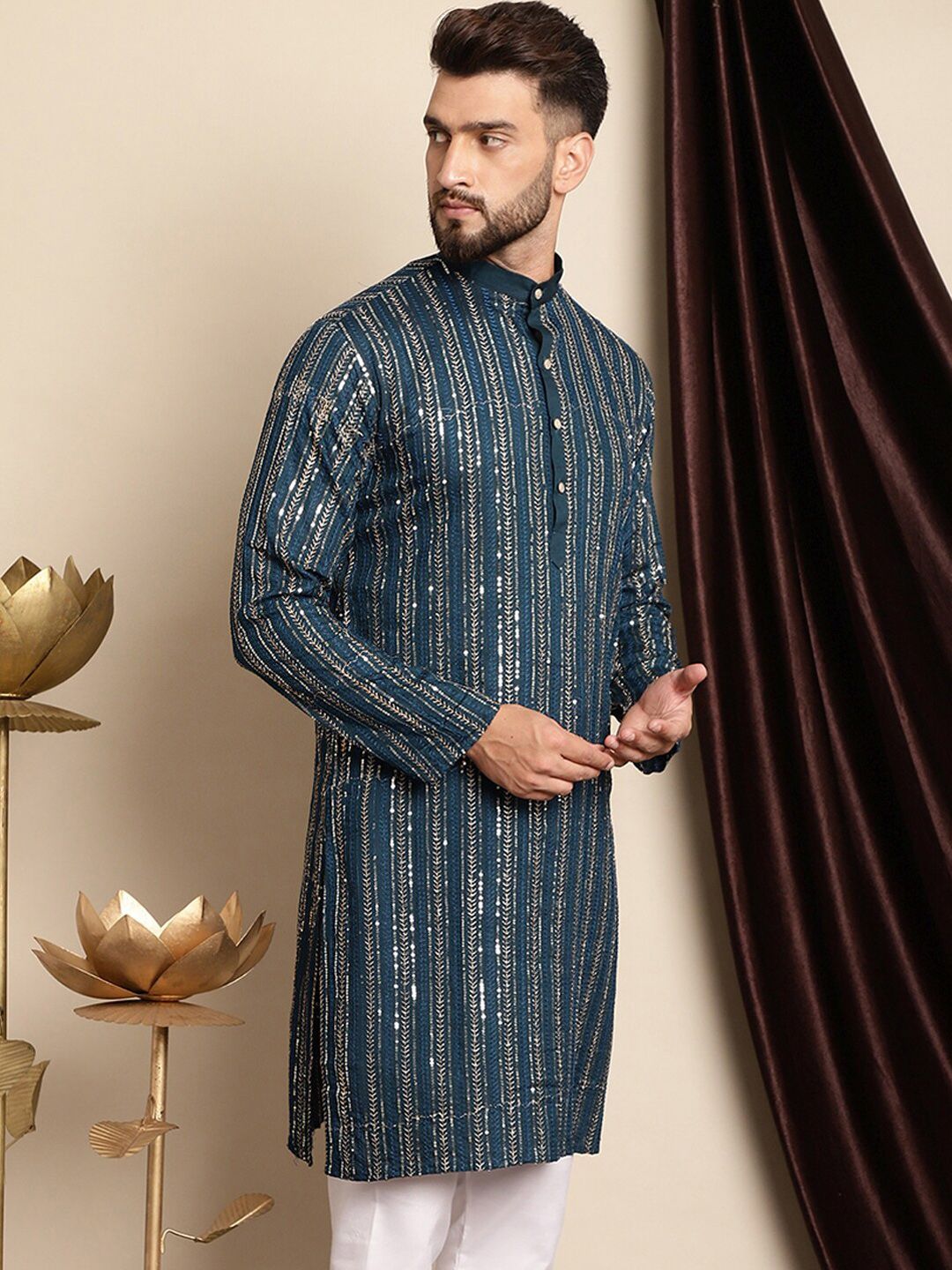 Anouk Teal Blue Ethnic Motif Woven Design Sequined Cotton Straight Kurta