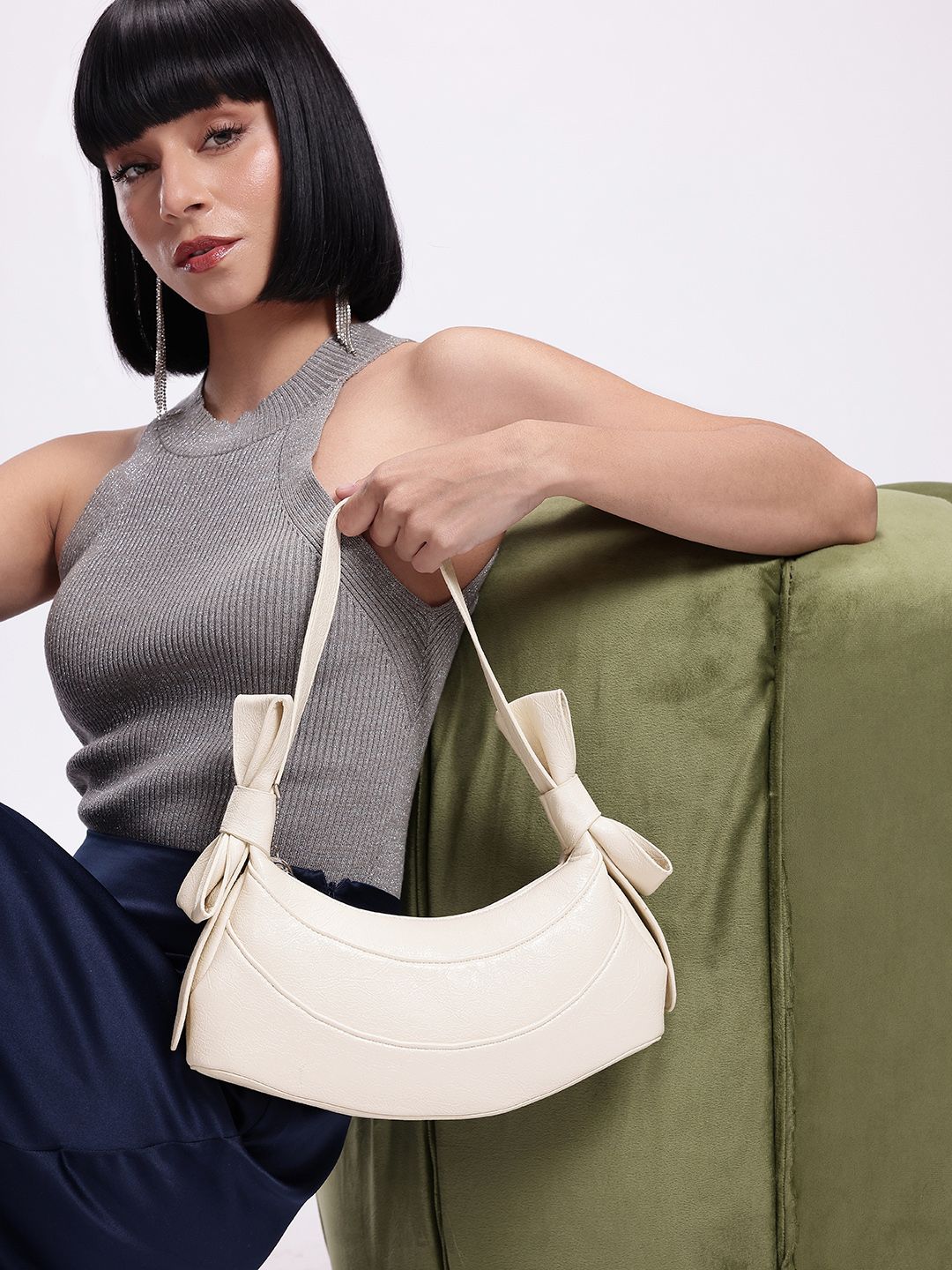 DressBerry Textured Half Moon Shoulder Bag with Bow Detail