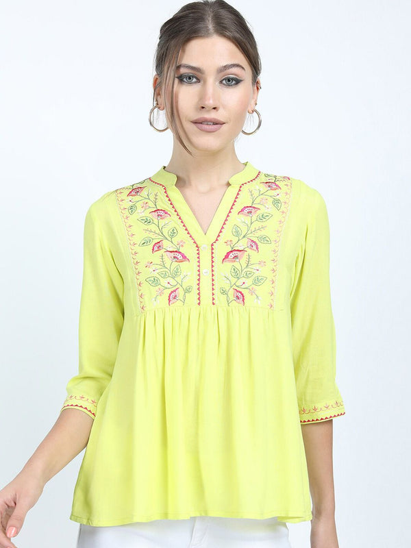 Vishudh Yellow Floral Embroidered Mandarin Collar Top