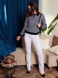 Berrylush Black & White Houndstooth Pattern Contrast Collar Acrylic Pullover Sweater