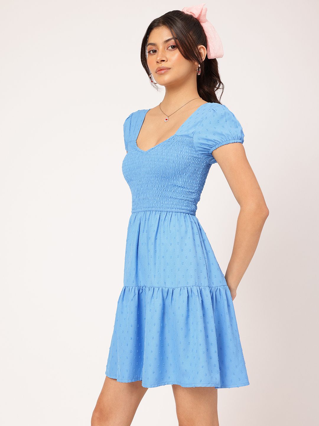 DressBerry Cute Femme Textured Tiered Smocked Mini Dress