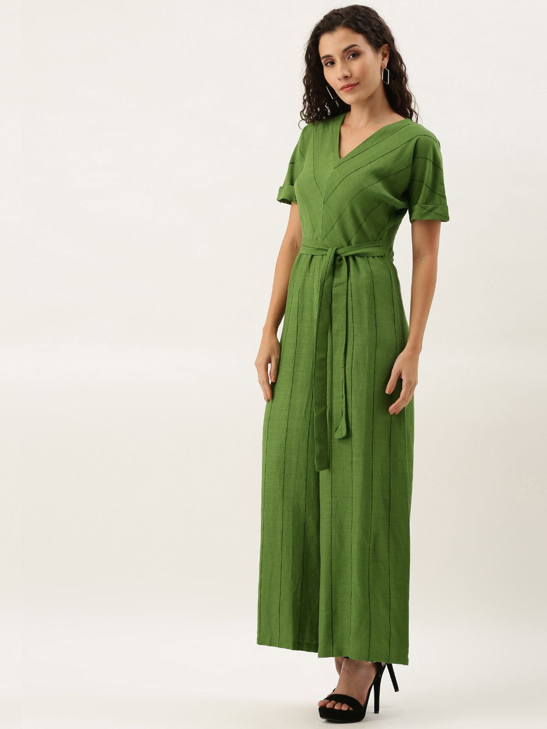 AND Women Olive Green Self-Striped Basic Jumpsuit