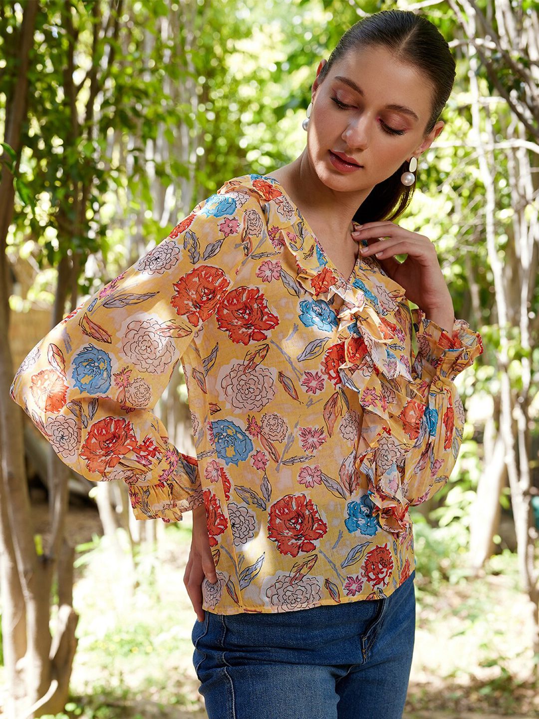 STREET 9 Yellow Floral Printed Bell Sleeve Ruffles Top