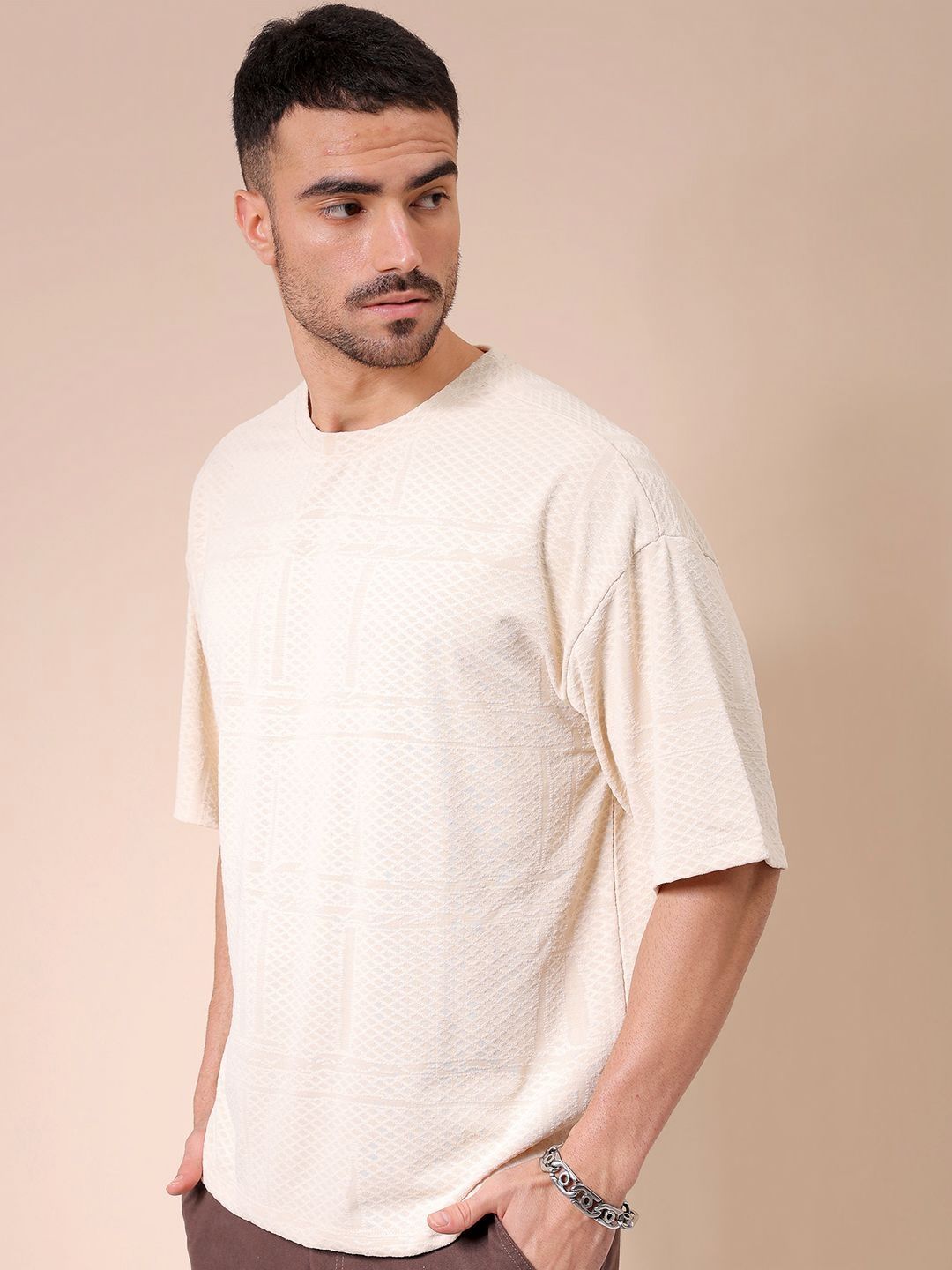 The Indian Garage Co Men Self Design Round Neck Oversized T-shirt