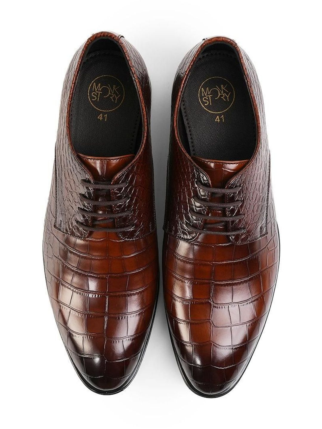 Monkstory Glossy Croc-Effect Lace-Up Oxfords - Coklat Burnish