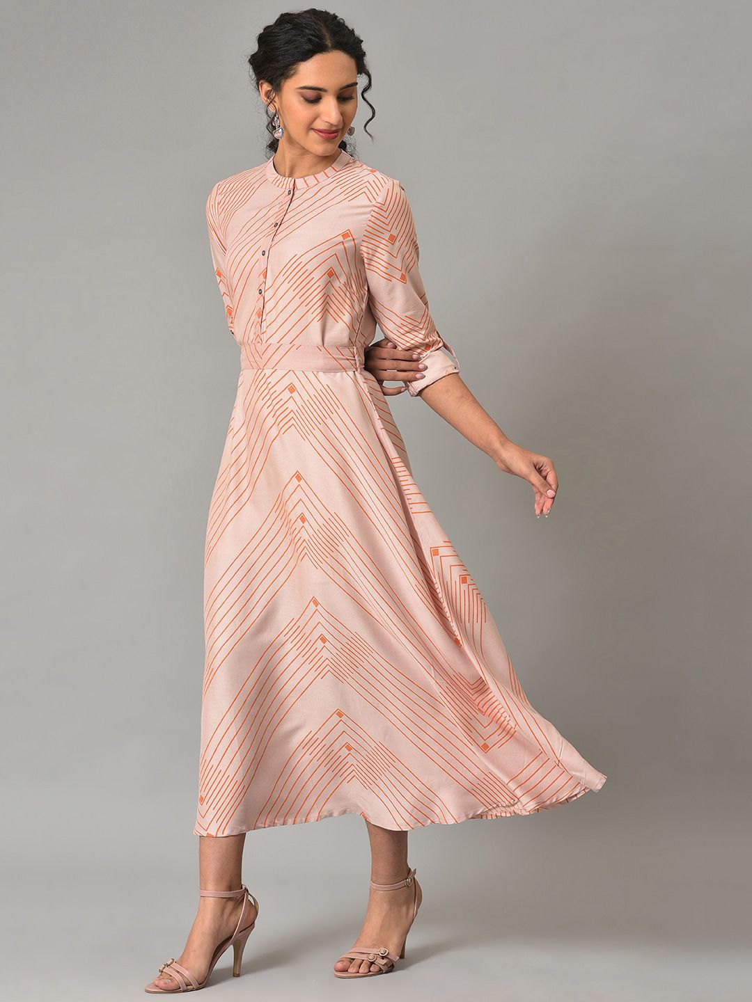 W Pink Mandarin Collar Striped A-Line Midi Fit and Flare Dress