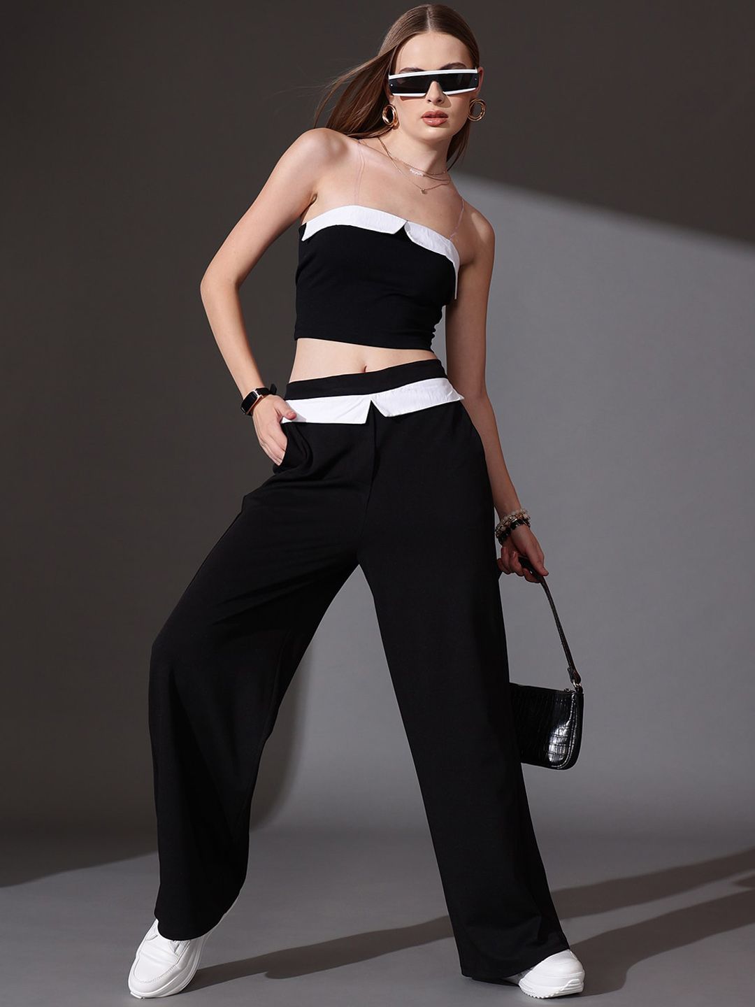 STREET 9 Solid Off Shoulder Top With Flared Trousers Co-Ords